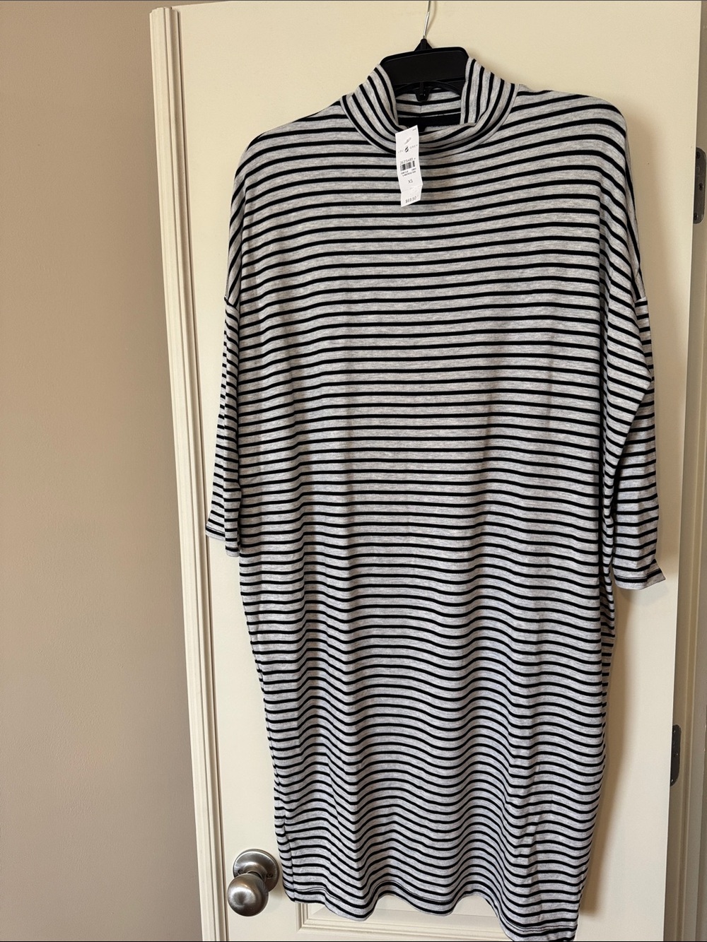 Lou and Grey Women's Striped Turtleneck Midi Dress in Black & Grey